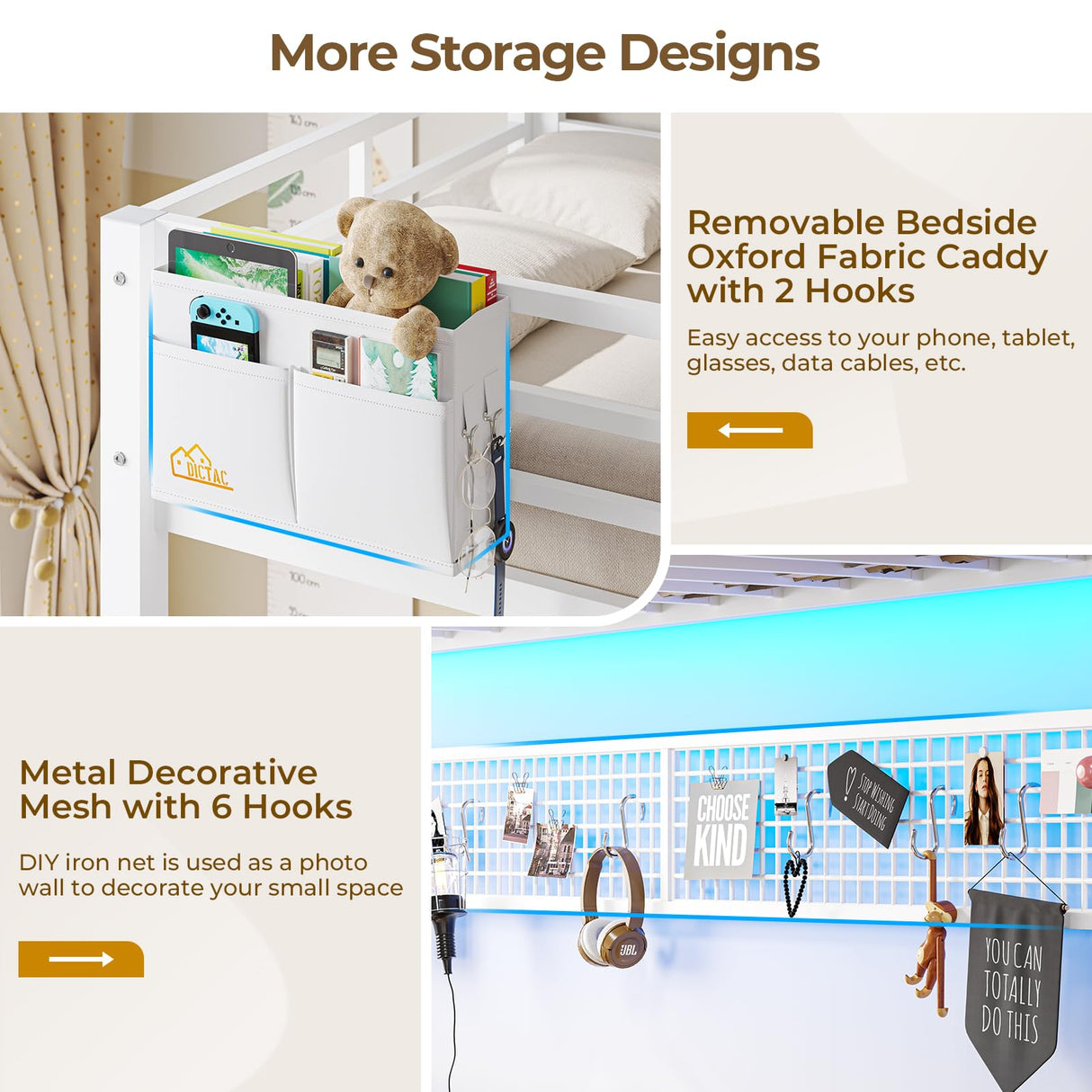 DICTAC Twin Size Loft Bed with Desk and Charging Station Convertible Twin Over Twin Size Bunk Bed with Led Light and Metal Bunk Beds with Desk,Stair and Safety Guard,White(Cushion not Included) DICTAC