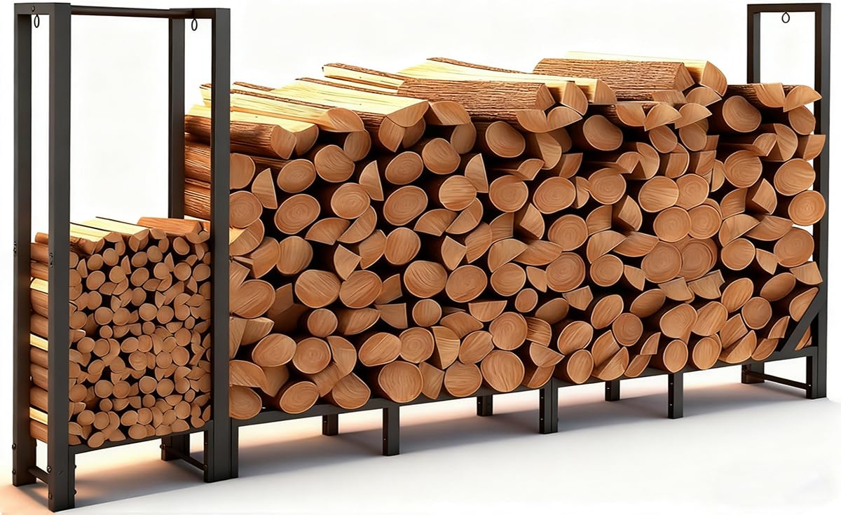 Shomextol 8ft Large Firewood Rack Outdoor, Heavy Duty Metal Wood Rack with Kindling Storage - For Indoor & Outdoor Fireplace, Wood Pile Organizer,Black Shomextol