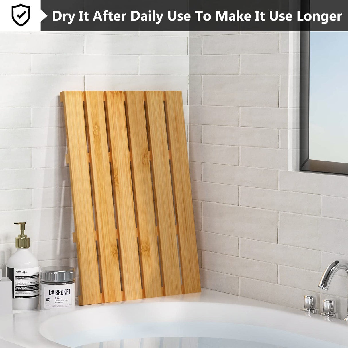 Domax Bamboo Bath Mat for Bathroom - Shower Mat Non Slip Waterproof Wooden Shower Floor Mat for Doorway Sauna Spa Yard Patio Pool Outdoor Use (Natural, 21.26 x 14.17 x 1.3 Inch) Domax