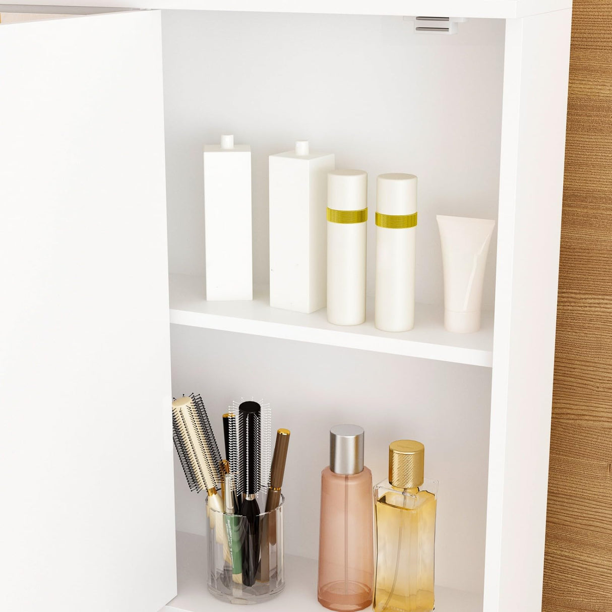 MOUMON Large Vanity Desk with Open Mirror and Glass Tabletop, Vanity Desk with Mirror and Lights, Drawers and Shelves, Crystal Handles, Cushion Stool not Included, White (43.3”W x 19.7”D x 53.6”H) MOUMON