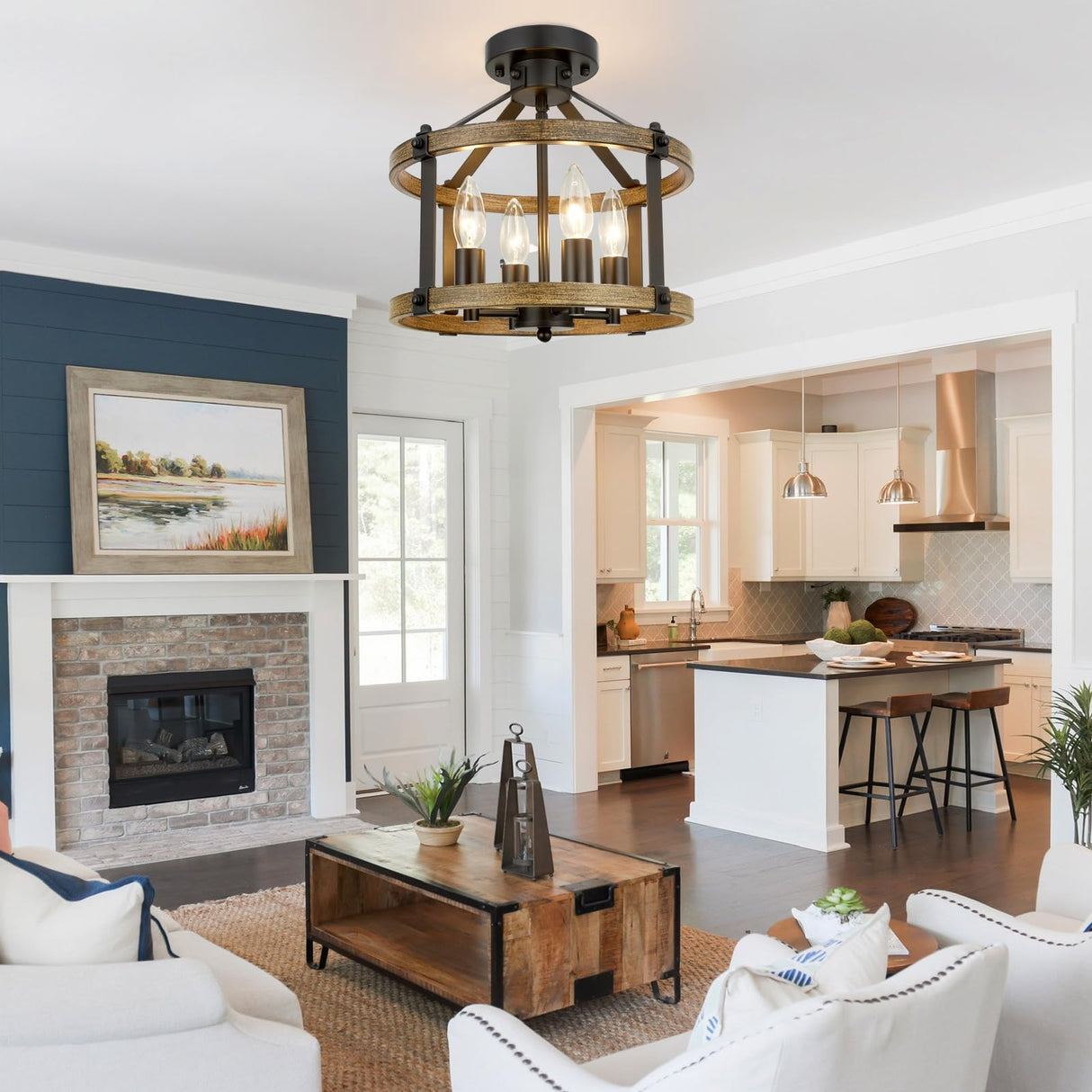 12.5" Farmhouse Semi Flush Mount Ceiling Light,4 Light Drum Rustic Semi Flush Ceiling Light,Black+Vintage Wood-Look Finish Semi Flush Light Fixture for Bedroom、Hallway、Kitchen、Laundry Room ZSANZYU