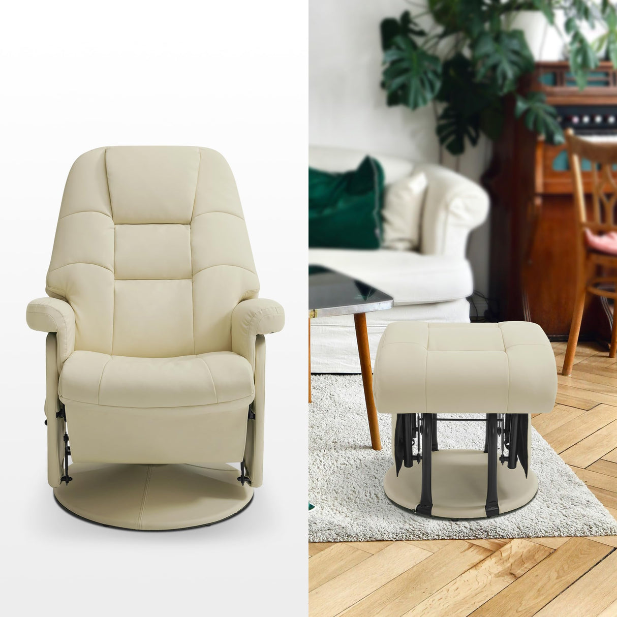 MCombo Swivel Glider Recliner with Ottoman, Reclining Chair with Adjustable Back, Faux Leather Upholstered Lounge Chair for Living Room Bedroom 4800 (Cream White) MCombo