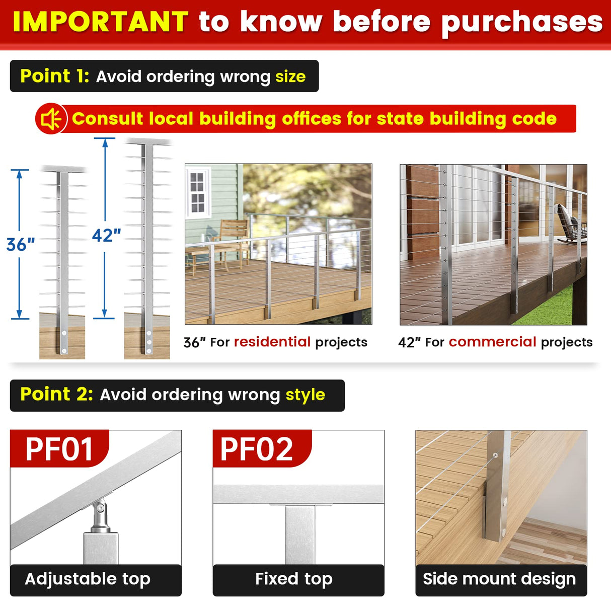 Muzata Side Mount Cable Railing Post 36 Inch 36"x2"x2" Level Drilled Space-Saving Brushed Stainless Steel Cable Railing System Kit Indoor Outdoor with User Guide PF02 LH4S Muzata