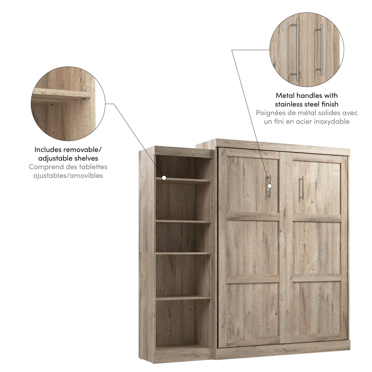 Bestar Pur Queen Murphy Bed with Shelving Unit, 90-inch Space-Saving Sleeping Arrangement for Multipurpose Room in Rustic Brown Bestar