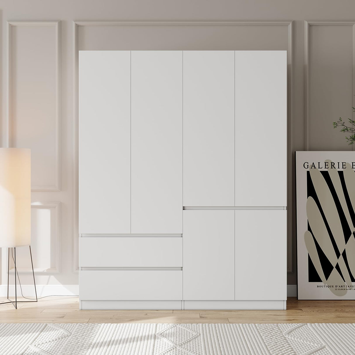 Bobve Bedroom Armoire Wardrobe Closet, Wardrobe Closet Cabinet with 2 Drawers, Wood Wardrobe Closet with 4 Doors, Wardrobe Storage Cabinet with Shelves & Hanging Rod,White(63" L x 20.39" W x 78.74" H) Bobve
