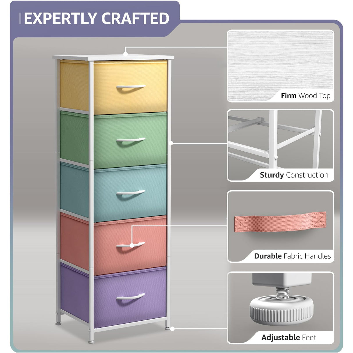 Sorbus Fabric Dresser for Kids Bedroom - Chest of 5 Drawers, Tall Storage Tower, Clothing Organizer, for Closet, for Playroom, for Nursery, Steel Frame, Fabric Bins - Wood Handle (Pastel) Sorbus