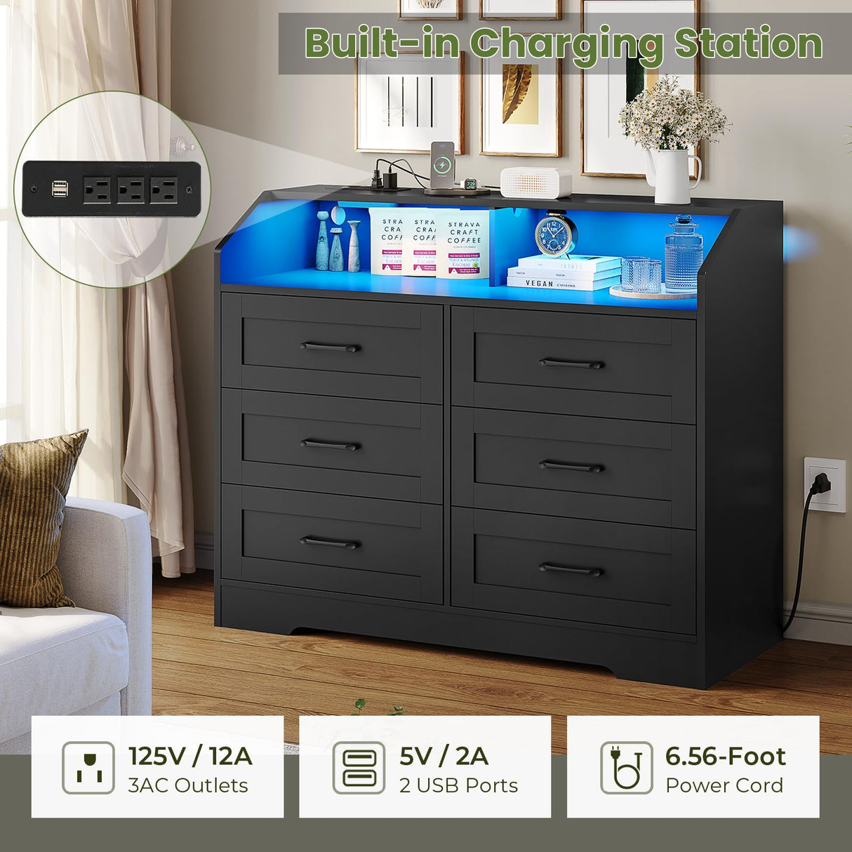 Hasuit Black Dresser for Bedroom with LED Lights and Charging Station, Modern Wood 6 Drawers Storage Tower Clothes Organizer, Large Capacity Chest of Drawers Storage Cabinet for Bedroom, Living Room Hasuit