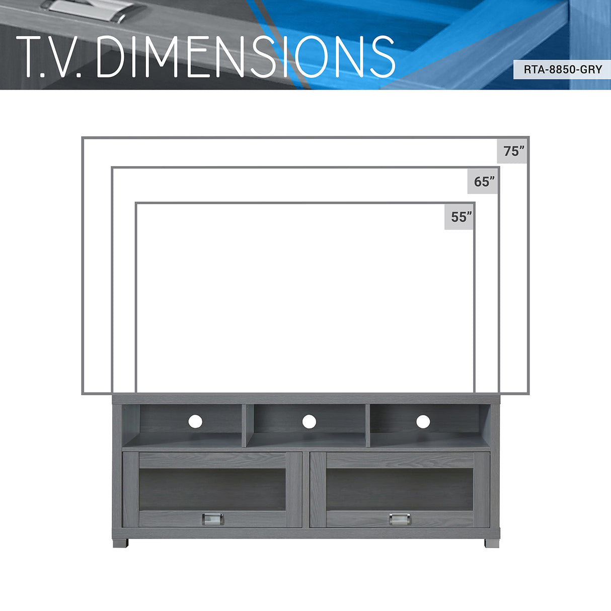 65” TV Stand with Storage & Glass Display Cabinets, Grey TV Stand for Living Room or Bedroom with Cable Management, Fits Screens up to 65 Inches When Measured Diagonally, Grey Techni Mobili