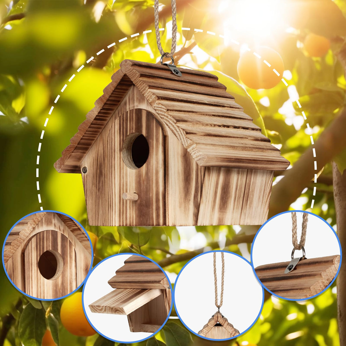 NATUREYLWL Bird House for Outside - Hanging Outdoor Birdhouse - Natural Wood Bird Nesting Box for Bluebirds, Hummingbirds, Finches, Wrens, Cardinals - Easy to Clean & Durable Garden Bird Shelter NATUREYLWL