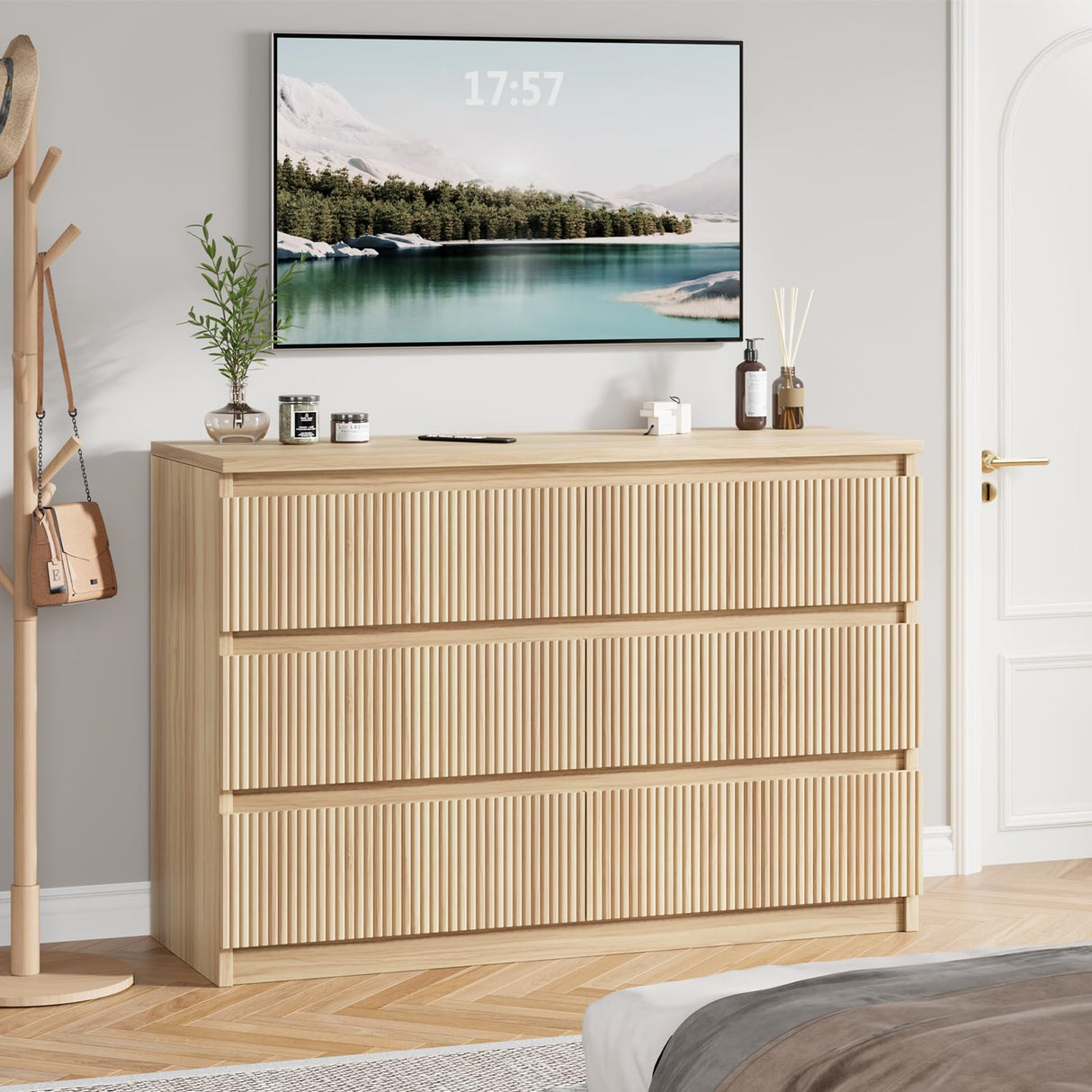 Jocoevol Oak 6 Drawer Dresser for Bedroom, Modern Fluted Dresser, Bedroom Dressers with Drawers, Large Double Wooden Chest of Drawers for Living Room, Hallway Jocoevol
