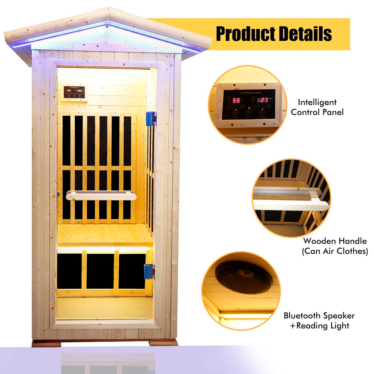 Outdoor Sauna 1 Person, Far Infrared Home Sauna Room,1300W Low EMF Dry Sauna for Home, Spruce Wood Sauna Spa with Bluetooth Speaker,for Unwell Men,Women,Elderly InfraHHZQ