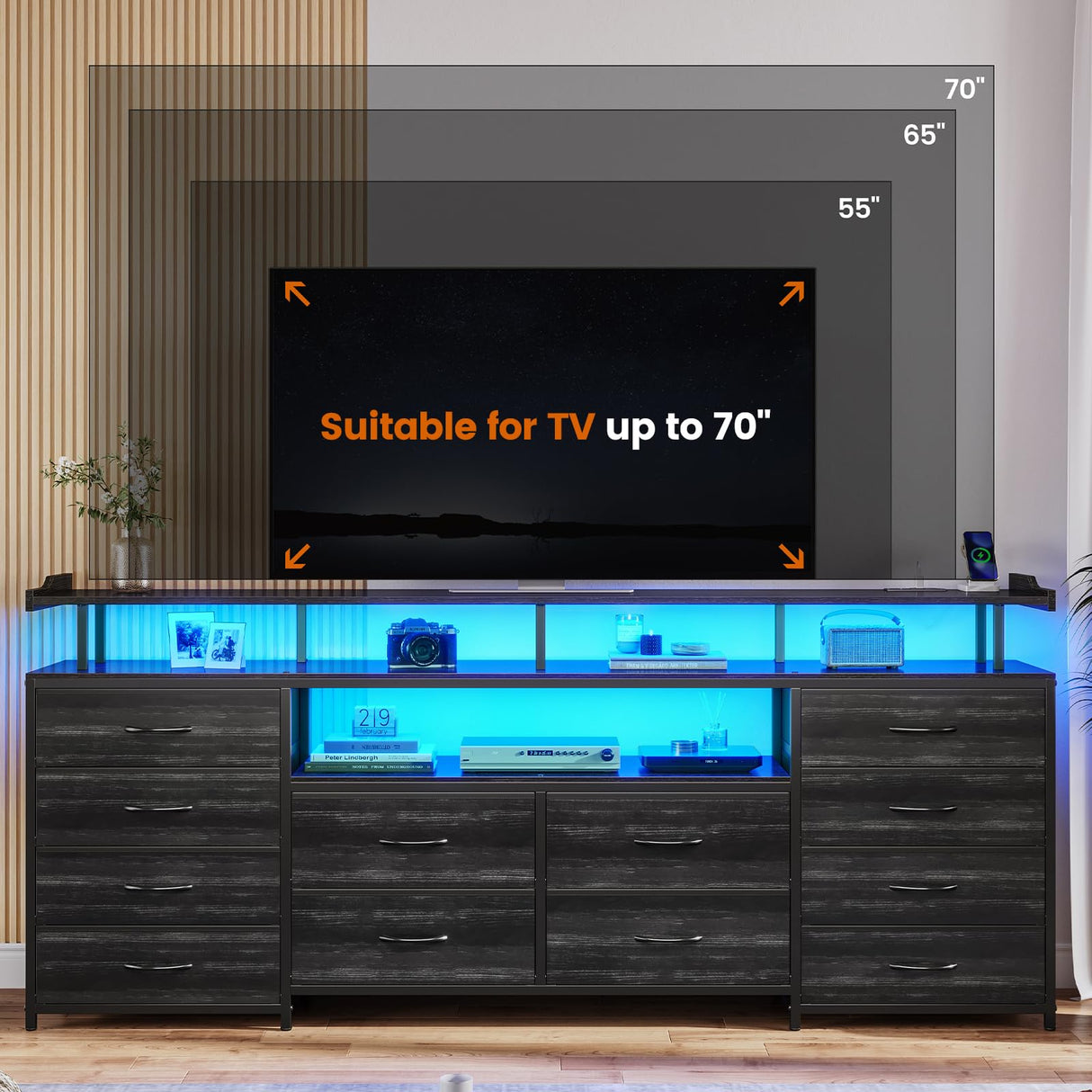 BTHFST 12 Drawers TV Stand Dresser for 65/70 inch TV, Entertainment Center with LED Lights & Power Outlets, 63" Large LED TV Stand, TV Console for Bedroom BTHFST