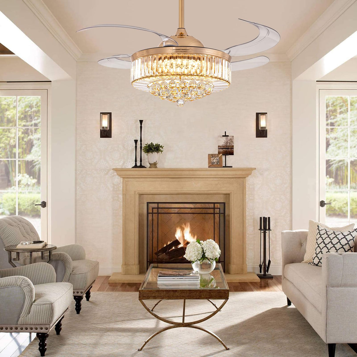 MOOONICHE 48 Inch Crystal Ceiling Fan with Light and Remote Modern Dimmable Fandelier Invisible Retractable Chandelier Fan Gold for Bedroom Living Room MOOONICHE