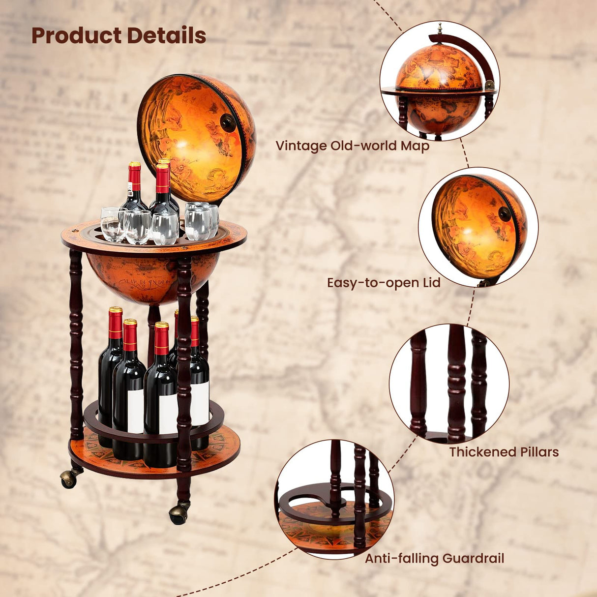 COSTWAY Globe Wine Bar Cabinet, Italian Replica Bar Cart with Wheels and Liquor Bottle Shelf, Solid Wood Wine Bar Stand for Home, Kitchen, Bar, Pub (Brown) COSTWAY