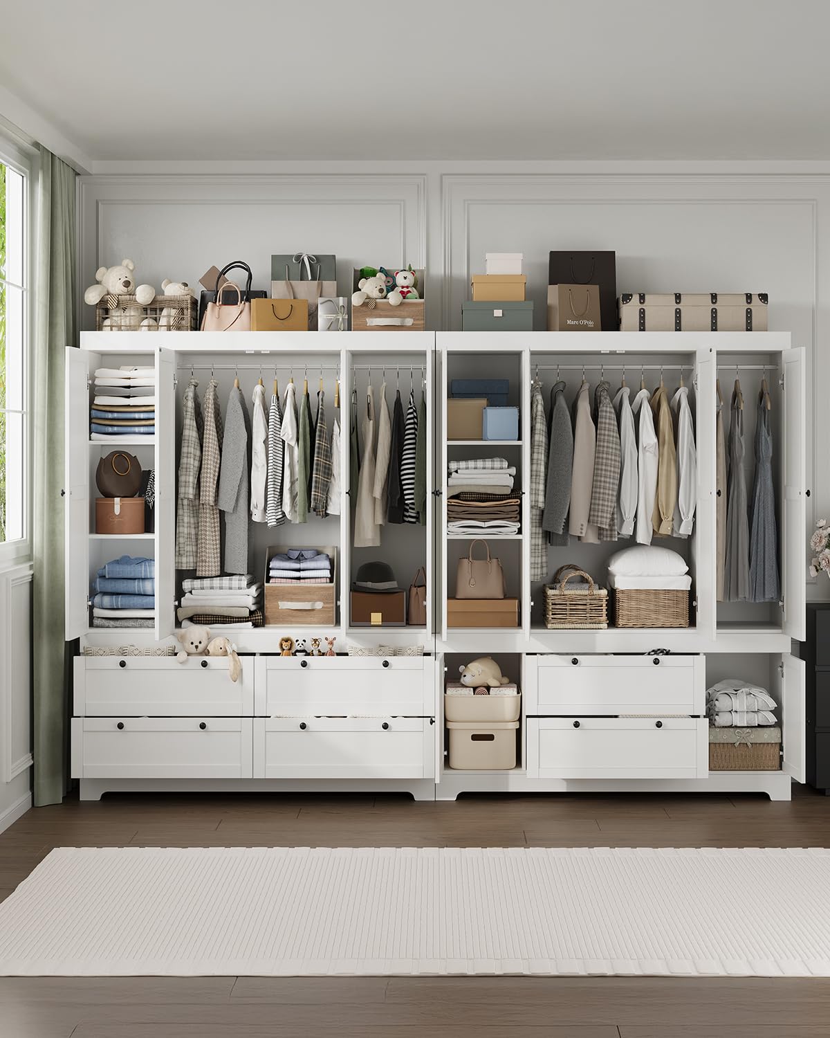 8 Door Large Wardrobe Closet 71" Tall White Wooden Freestanding Storage Armoire – Oversize Capacity Modular Cabinet with Drawers, Space-Saving Durable Design for Bedroom & Closet Organization Buenhomino