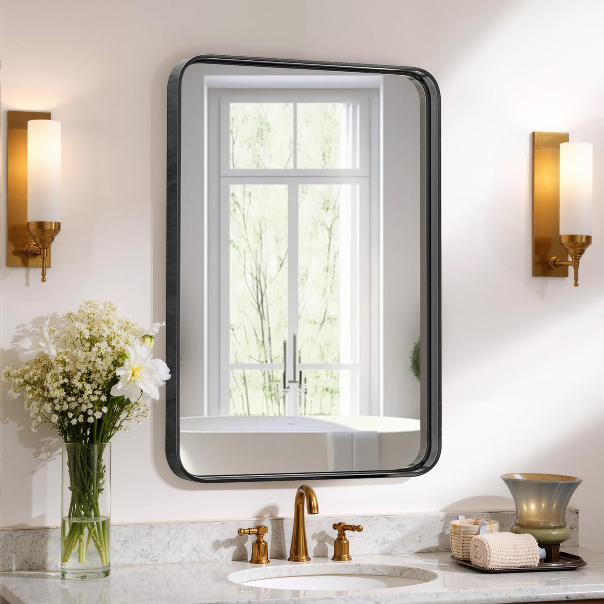 Bathroom Mirror 30x22 Inch Black Metal Framed Rounded Rectangle Vanity Mirror for Wall, Over Sink, Farmhouse, Restroom, Anti-Rust, Modern Decorative, Horizontal or Vertical Hanging Sweetcrispy
