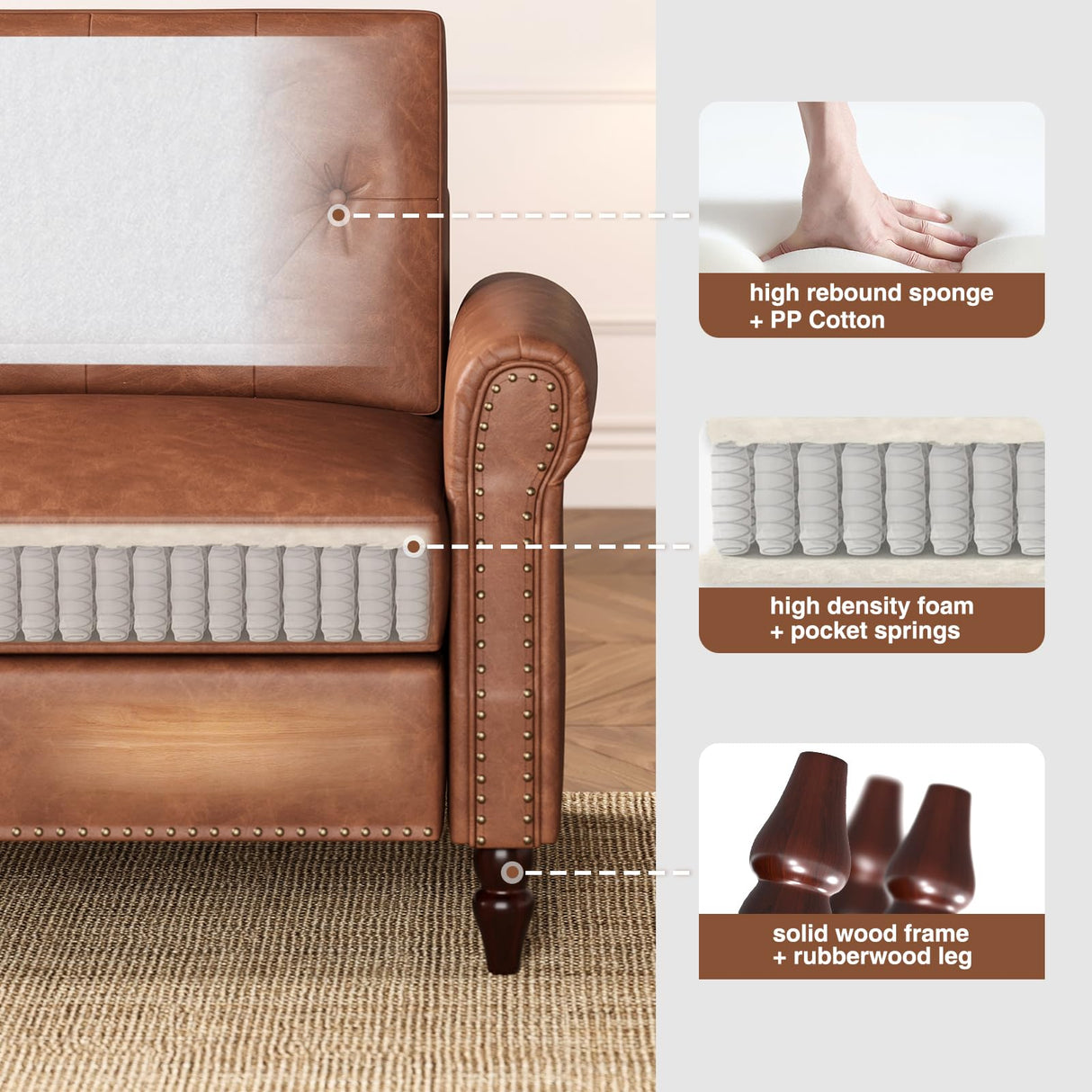 FiveWillowise Brown Couch, 73-inch Sofa Couch, Faux Leather Couch, Office Couch with Wooden Legs, Vintage Couch with Rolled Armrests, Mid Century Modern Couch for Living Room Small Apartment FiveWillowise