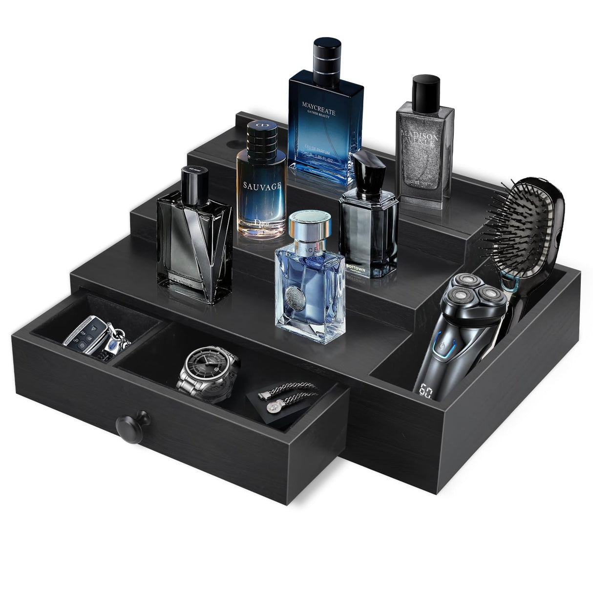 Cologne Stand Organizer for Men, 3 Tier Cologne Display Shelf with Velvet Lining Drawer and Compartments for Watch, Jewelry, Perfume Display Risers for Cologne, Great Gift for Father Zecela