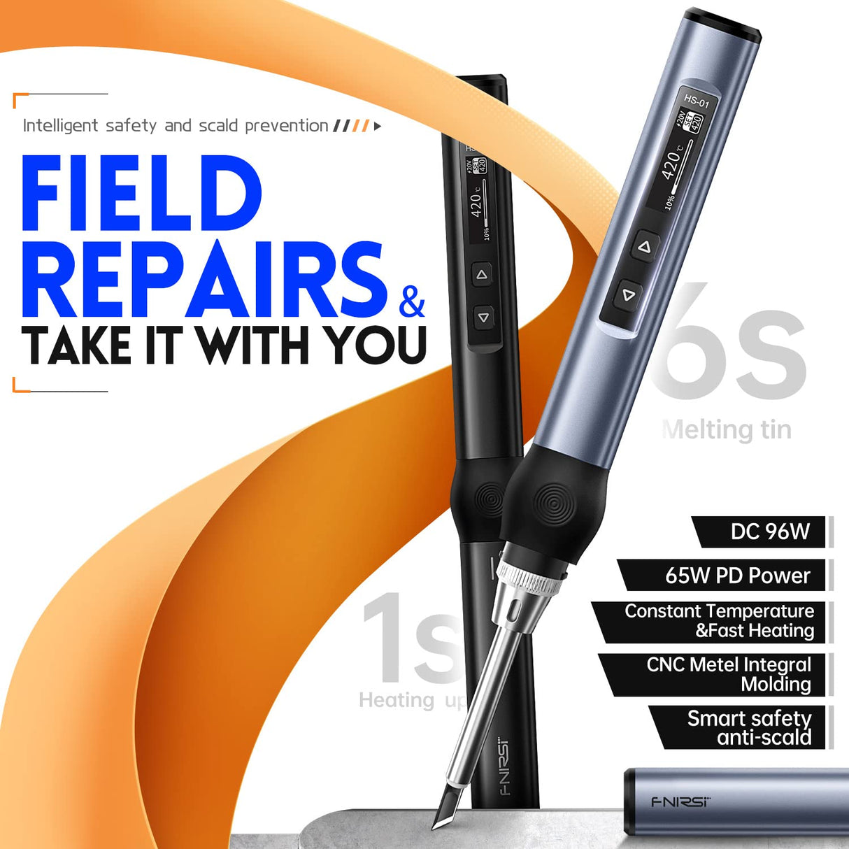 FNIRSI Soldering Iron Kit, DC/PD(96W/65W) Mini Digital Soldering Iron, 180-780℉ Fast Heating, 6 Soldering Tips, Digital OLED Screen Display, Auto Sleep (With Power Adapter) FNIRSI