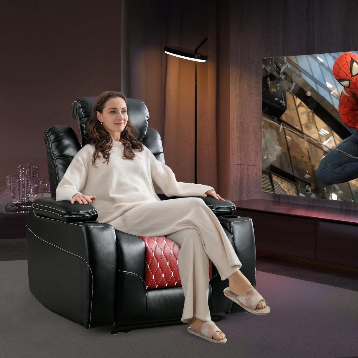ANJ Power Recliner Chair with Adjustable Powered Headrest Set of 3,Electric Faux Leather Home Theater Seating Overstuffed Reclining Furniture & USB Ports, Cup Holders, Hidden Arm Storage (Black/Red) ANJ