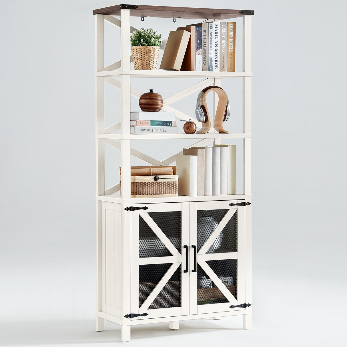 Joaxswe 5 Tier Bookshelf 70" Tall Bookcase with Barn Doors,Large Farmhouse Display Book Shelf with Adjustable Shelves and Storage Cabinet,Library Wood Bookshelves for Living Room,Kitchen,Rustic White Joaxswe