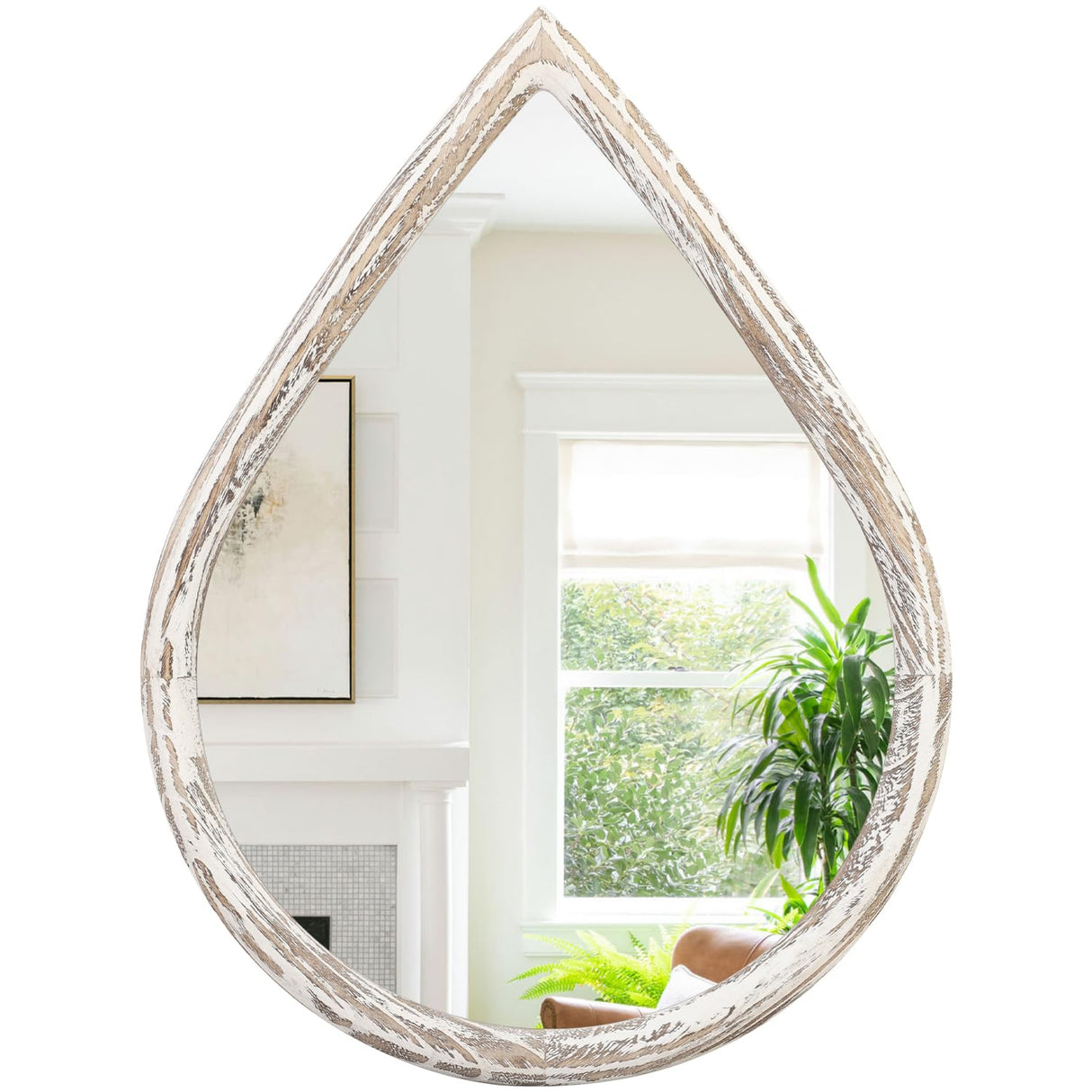 FEUFOAM Small Decorative Mirror Teardrop Mirror Wood Frame Rustic White Wall Mirror Farmhouse Hanging Mirrors for Bathroom Living Room Entryway Hallway FEUFOAM