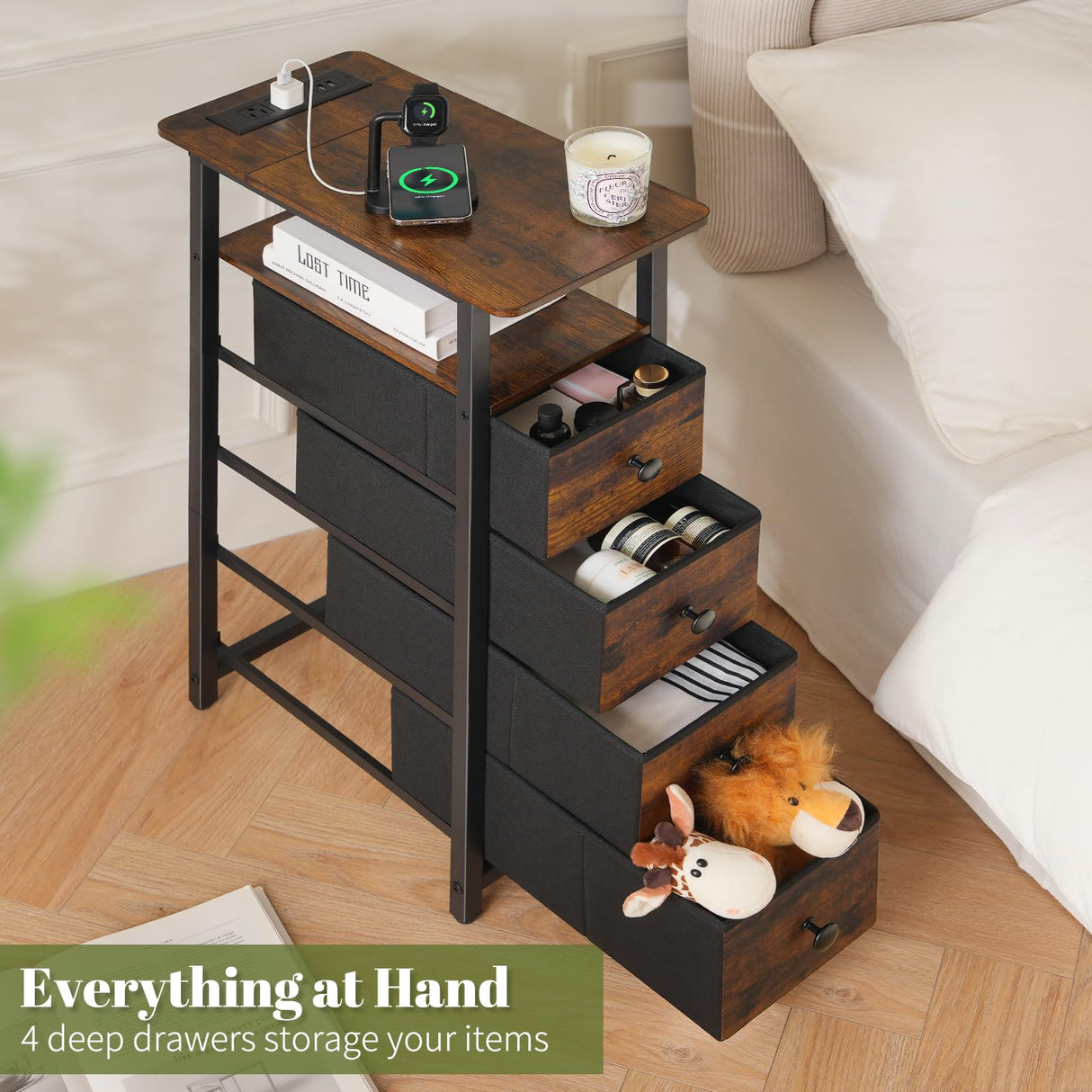 Yoobure Narrow Dresser for Bedroom, LED Slim Dresser with Charging Station, Small Dressers Chest of Drawers, Fabric Dresser Tall Skinny Cabinet Night Stand for Dorm, Small Spaces, Closet, Bathroom Yoobure