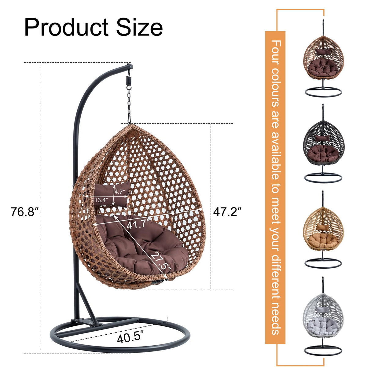 YWUFUART Hanging Egg Chair Outdoor,Rattan Swing Chair with Foldable Basket,Hammock Chair with Metal Stand,Lounge Chair for Garden Backyard,Brown YWUFUART