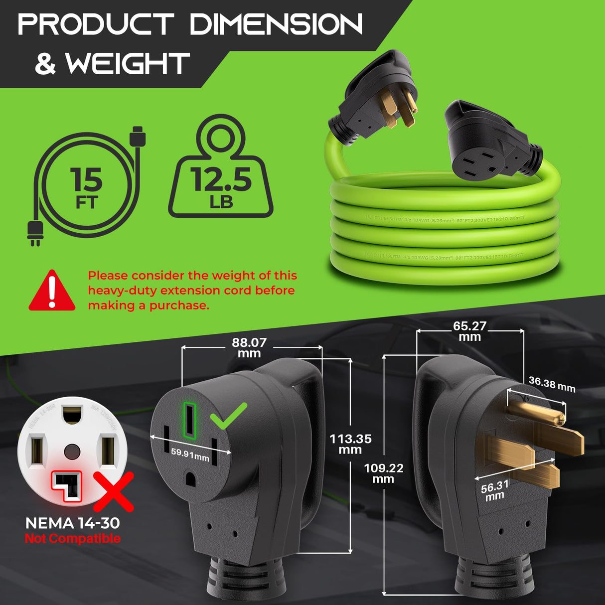 GEARit 50 Amp RV/EV Extension Cord (15 ft) 4-Prong 250-Volt, Compatible with Tesla Model 3/S/X/Y Mobile Charger, NEMA 14-50P to 14-50R 6/3+8/1 STW AWG Gauge Outdoor Waterproof Power Cable - 15 Feet GearIT