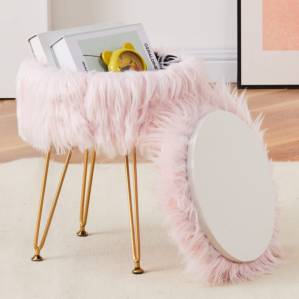 Mxfurhawa Faux Fur Storage Ottoman Round Furry Vanity Stool Marble Grain Tray Coffee Table Compact Footrest Stool with 4 Metal Legs Soft Makeup Seat Foot Stools for Living Room Bedroom Entryway Pink Mxfurhawa