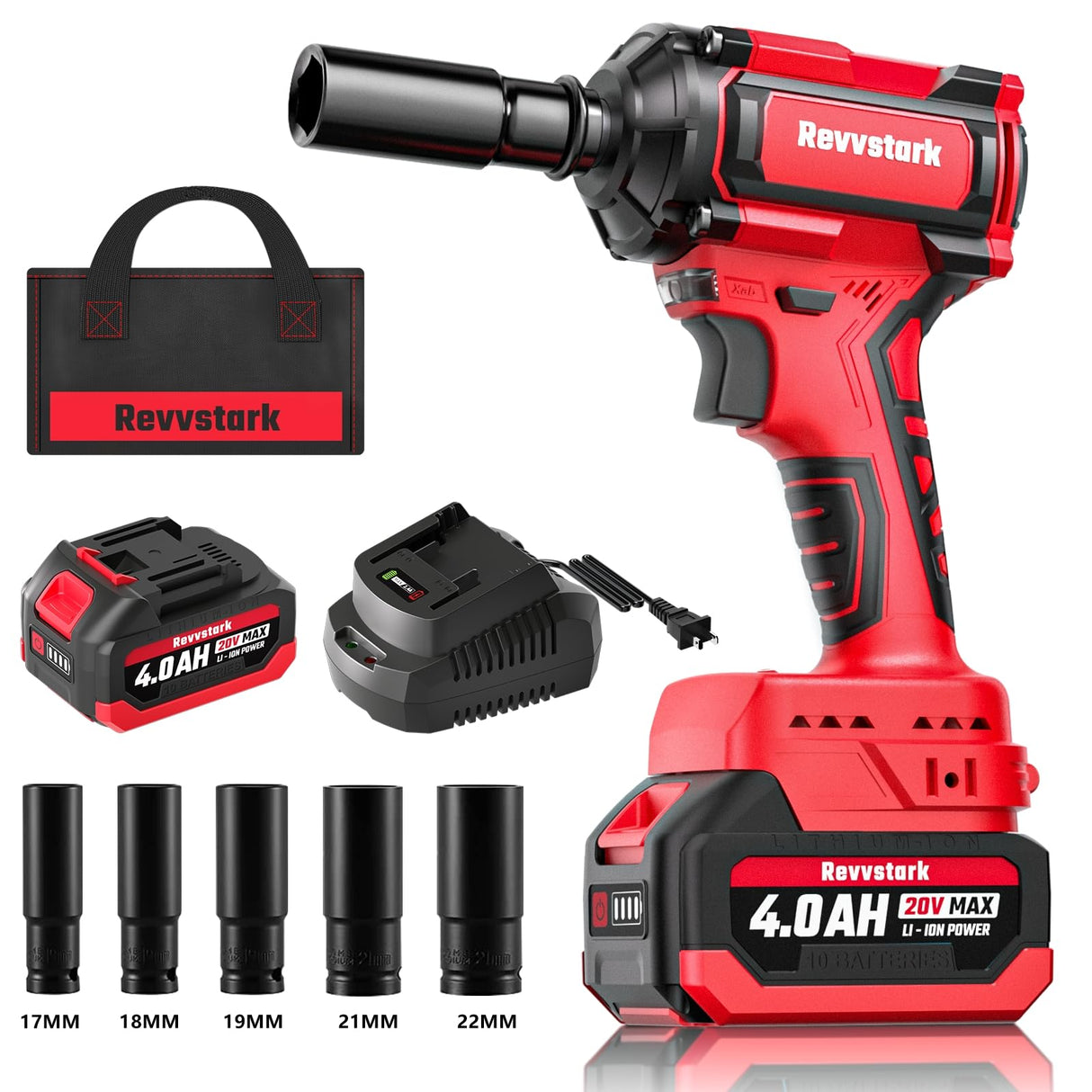 Revvstark Impact Wrench, Max Torque 480 Ft-lbs / 650N.m Cordless 1/2 Impact Driver, 20V 3000RPM Power Impact Gun with 4.0Ah Li-ion Battery and 1.5H Fast Charger, 5 Pcs Impact Sockets Included Revvstark