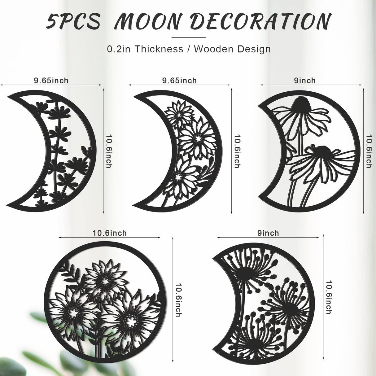 Jetec 5 Pieces Moon Phase Wall Decor Boho Hanging Moon Phase Nordic Wood Wall Art for Living Room Bedroom Home Decoration Room Apartment Bar Ornament(Black) Jetec