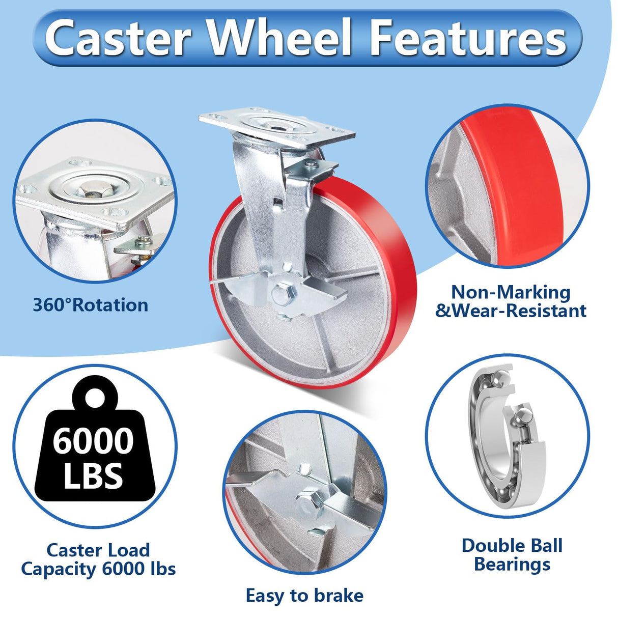 Nefish 8 Inch Industrial Casters Set of 4, Heavy Duty Casters with Brake 6000 Lbs, No Noise Polyurethane Wheel on Steel Hub, Swivel Plate Caster Wheels for Toolbox Workbench (4 Swivel & Brakes) Nefish