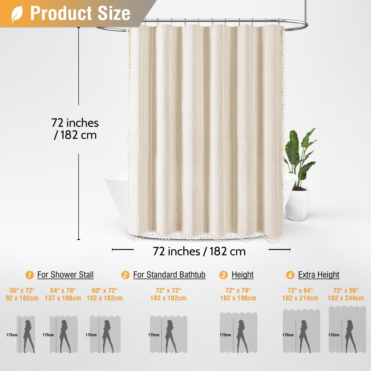 BTTN Boho Farmhouse Shower Curtain, Linen Rustic Weighted Striped Cloth Shower Curtain Set with Tassel, Water Repellent, Bohemian Vintage Country Fabric Shower Curtain for Bathroom, Cream/Beige, 72x72 BTTN