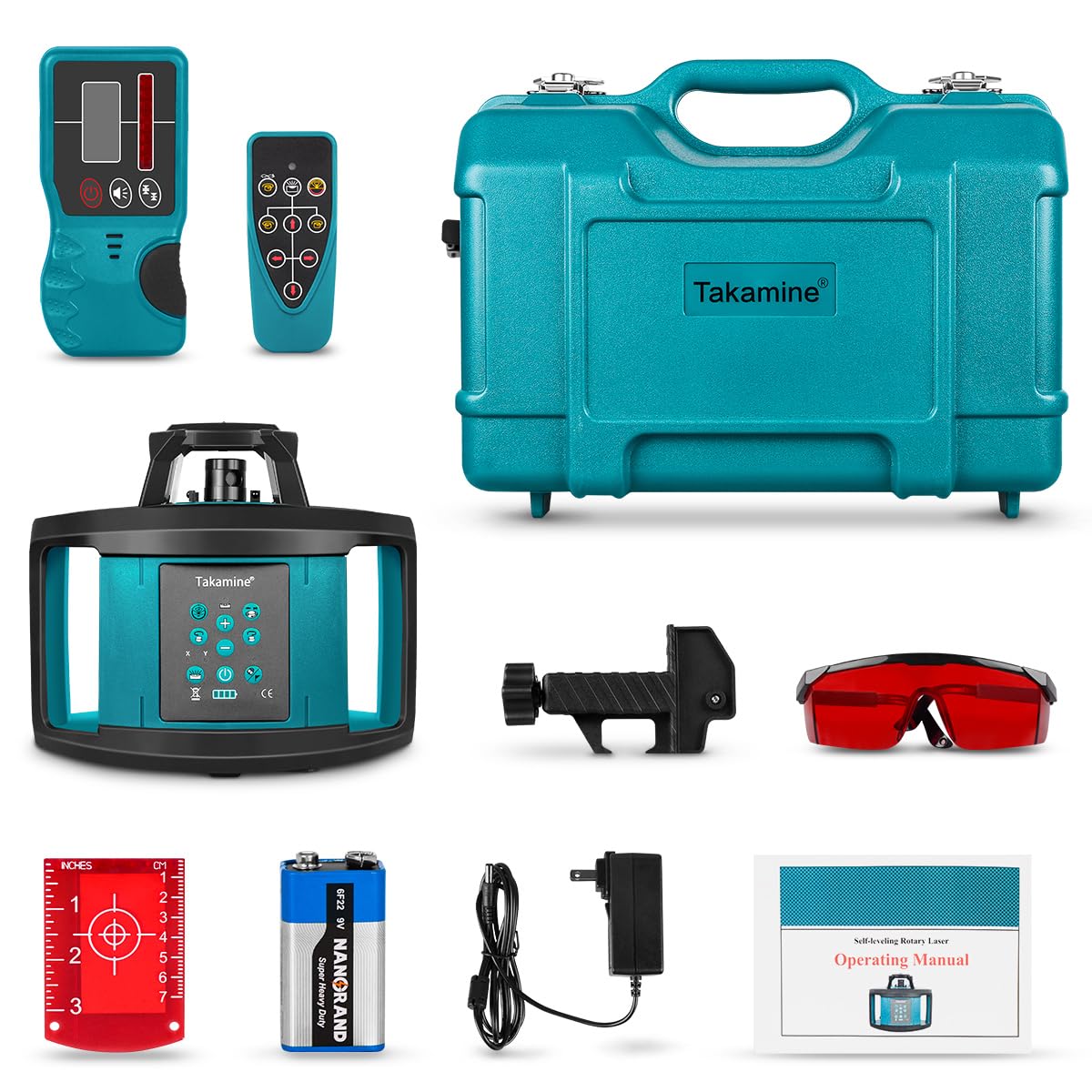 Takamine Rotary Laser Level Kit, Red Beam 635nm Wavelength, 800M Measuring Range, Horizontal/Vertical Self-Leveling, 5 Scan Angle and Rotation Speed Adjustment, Includes Remote Control, Receiver. Takamine