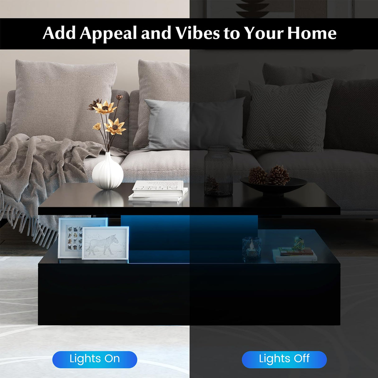 Giantex Modern LED Coffee Table - 2-Tier High Gloss Table w/Adjustable 20-Color Light, 8-Level Brightness & Speed, Remote Control, Contemporary 43.5”L Rectangular Center Table for Living Room (Black) Giantex