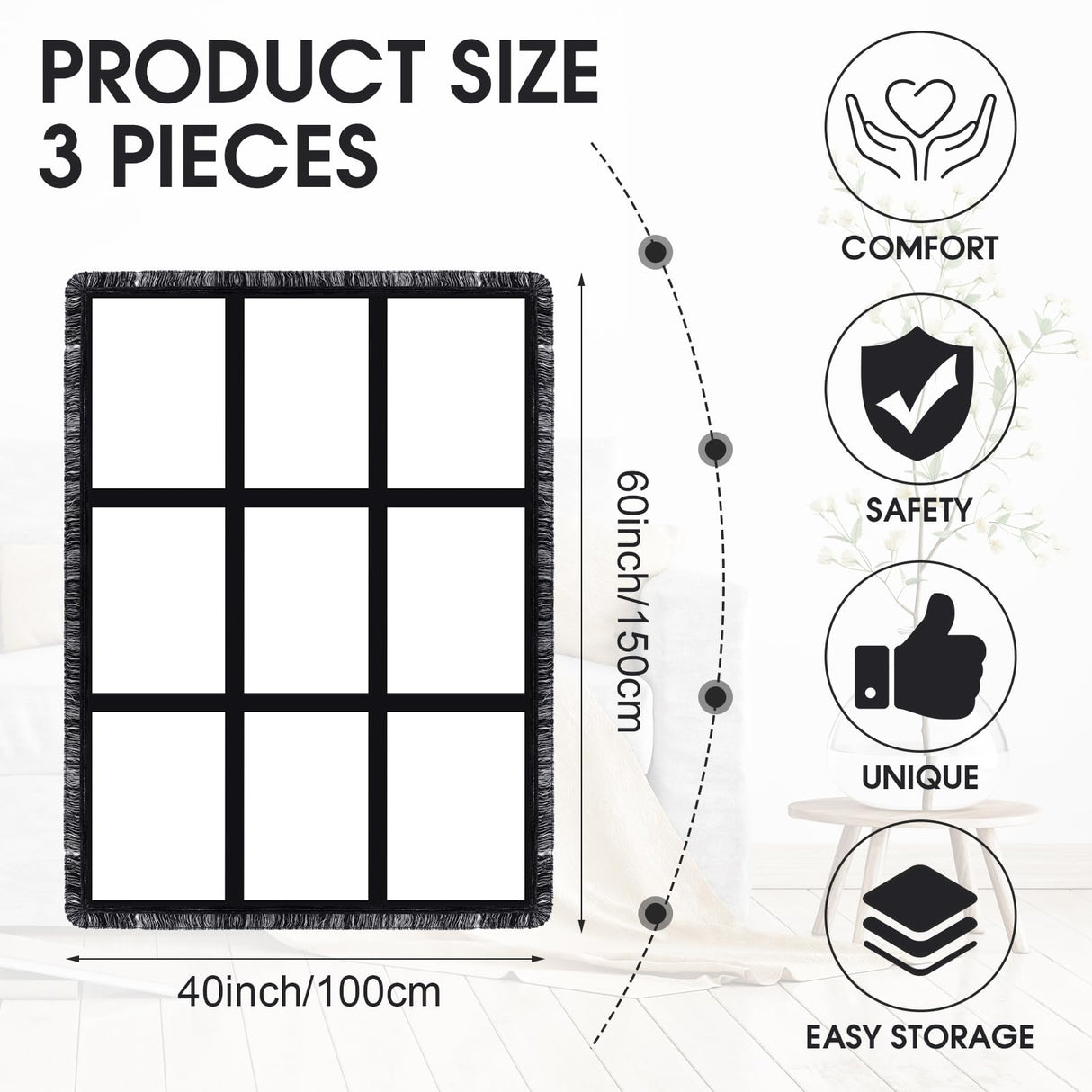 Kinlop 3 Pcs 40 x 60 Inch Sublimation Blanks Throw Blanket with Printable Sublimation Blankets for Heat Press with Tassel Fuzzy Picture Photo Blanket for DIY Sofa Couch Bed Home(9 Panel) Kinlop