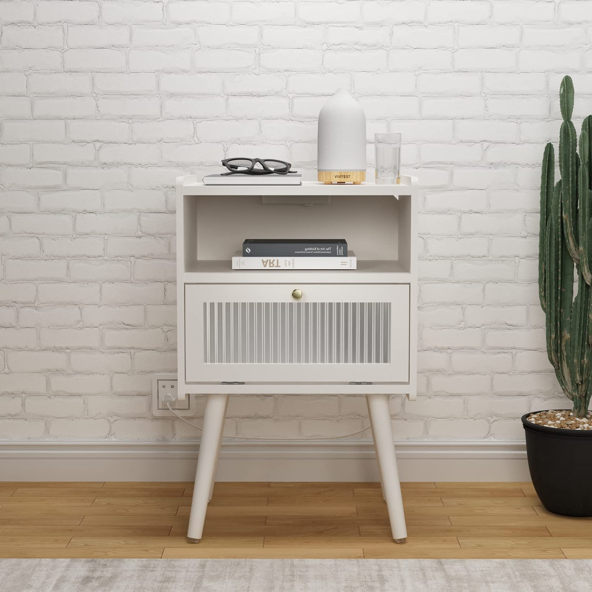 Mid Century Modern Nightstand with Charging Station, Bedside Tables with Glass Decorative Door, End Table Side Table with 2 Tiers Storage Space, for Bedroom, Living Room, White SOOWERY