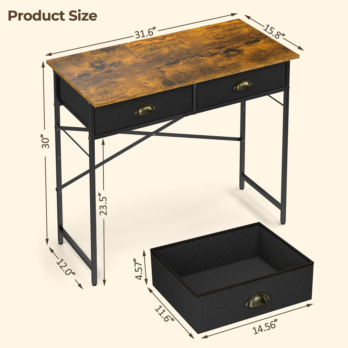 DAOUTIME Small Writing Desk for Kids Bedroom, 31.5 Inch Computer Desk for Small Spaces, Simple Desk with 2 Fabric Drawers for Home Office, Dorm, Living Room, Home Study Table, Rustic Brown DAOUTIME