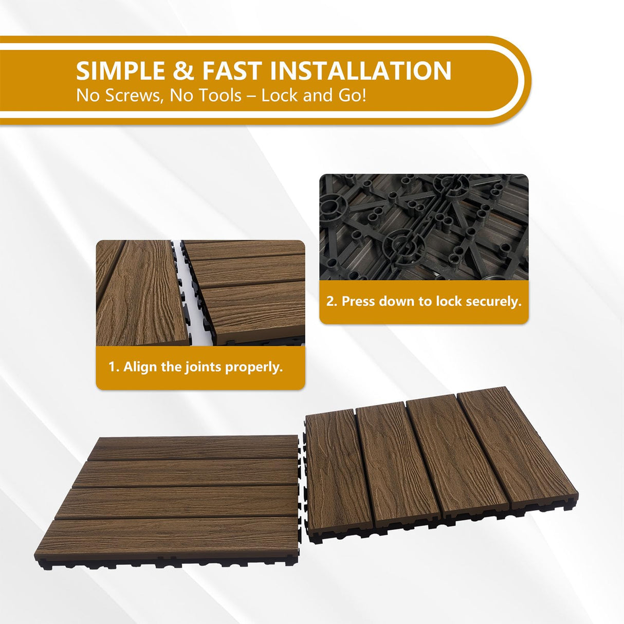 Feilingwood Composite Wood Patio Deck Tiles-12" x 12" Composite Deck Tiles 20 PCS, All Weather Waterproof Outdoor Interlocking Flooring Tile for Balcony, Backyard, Porch (Golden Teak) feilingwood