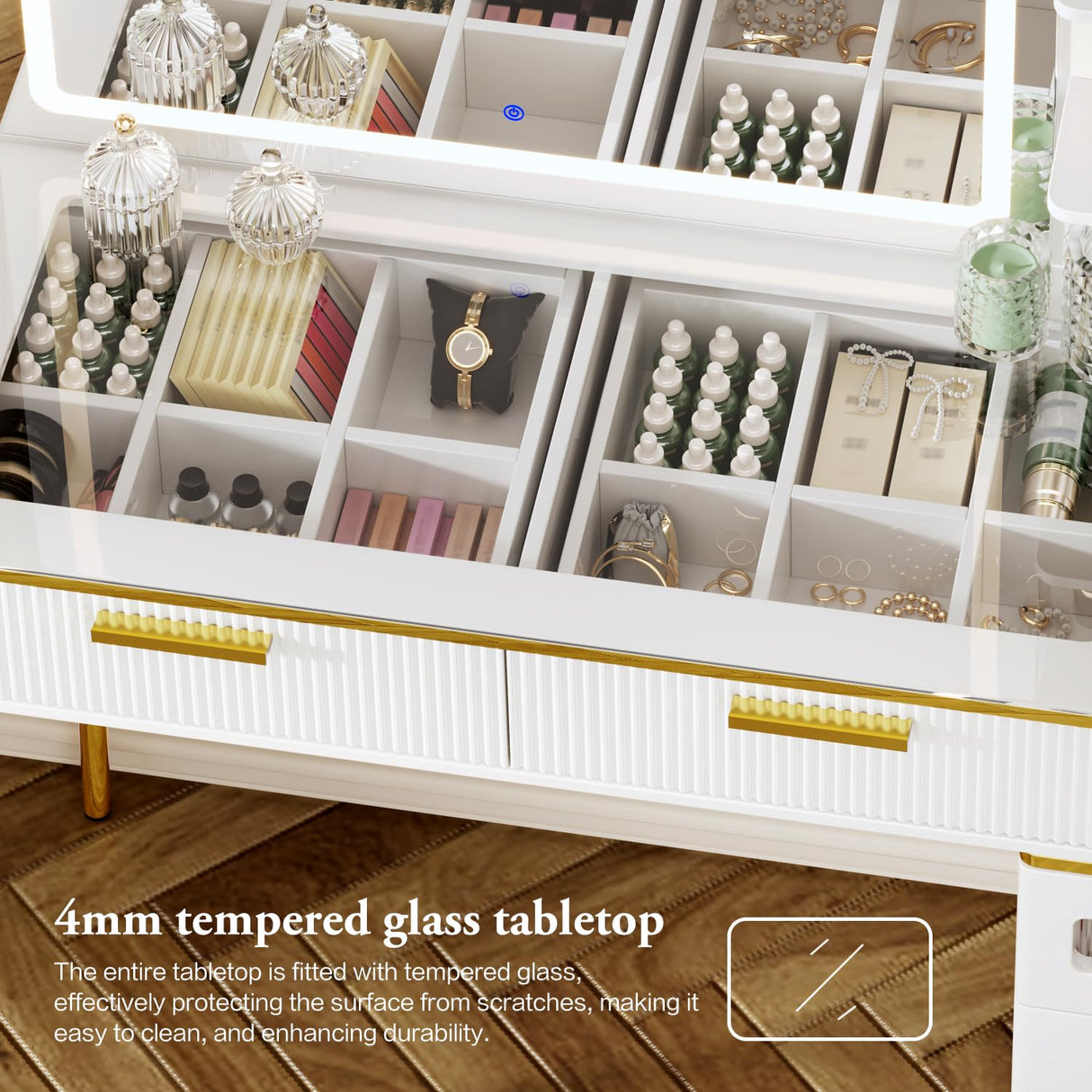 Chrangmay 47.24" Big Modern Vanity Desk with Mirror and Lights,Makeup Vanity Desk with 5 Drawers and Storage Shelves & Power Outlet,Dressing Table with Glass Top, White Chrangmay