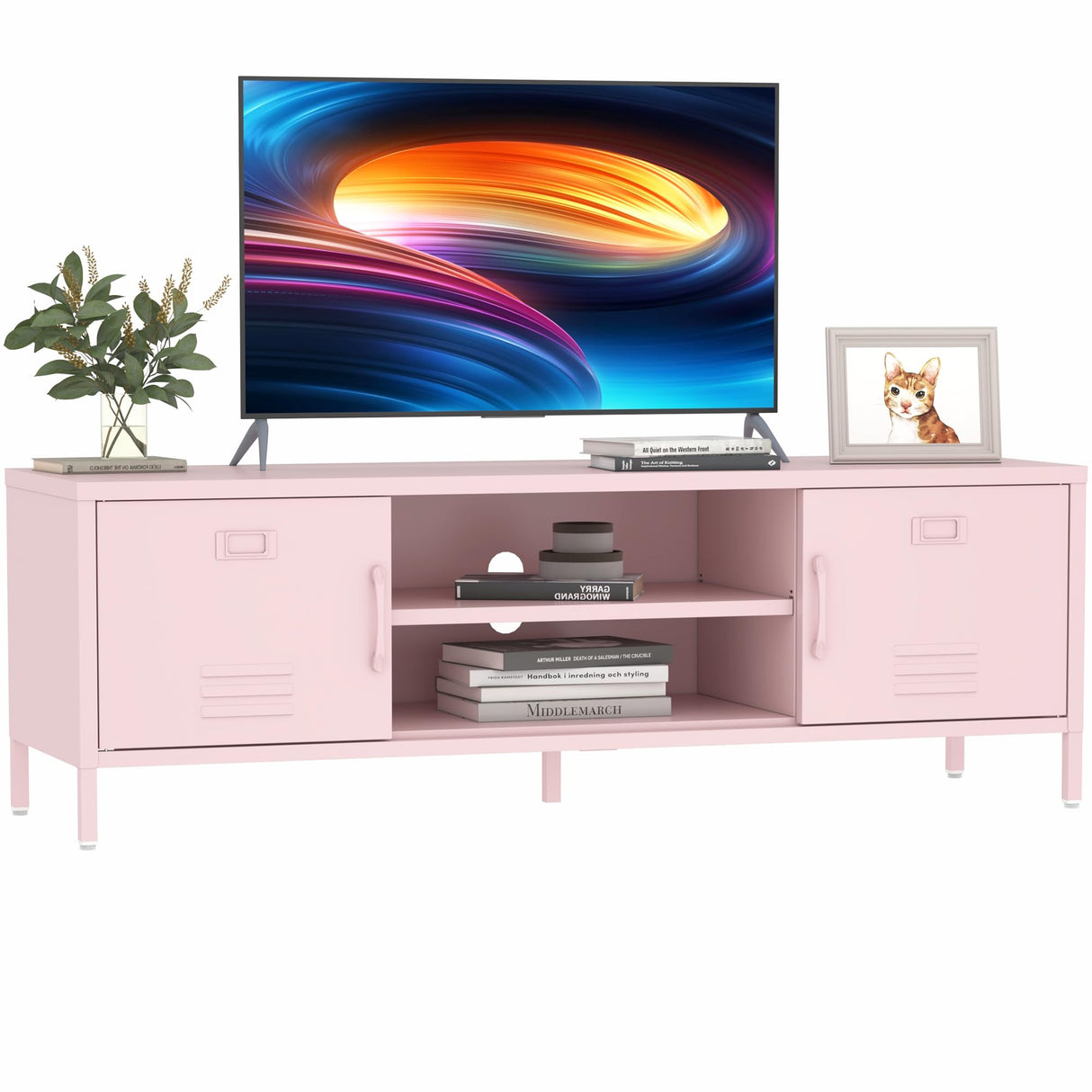 Steehoom TV Stand for 55 60 inch TV, Metal TV Cabinet Modern Mid Century Entertainment Center with Storage, TV Industrial Media Console Table 2 Cabinet for Living Room, Bedroom, Office (Pink) Steehoom