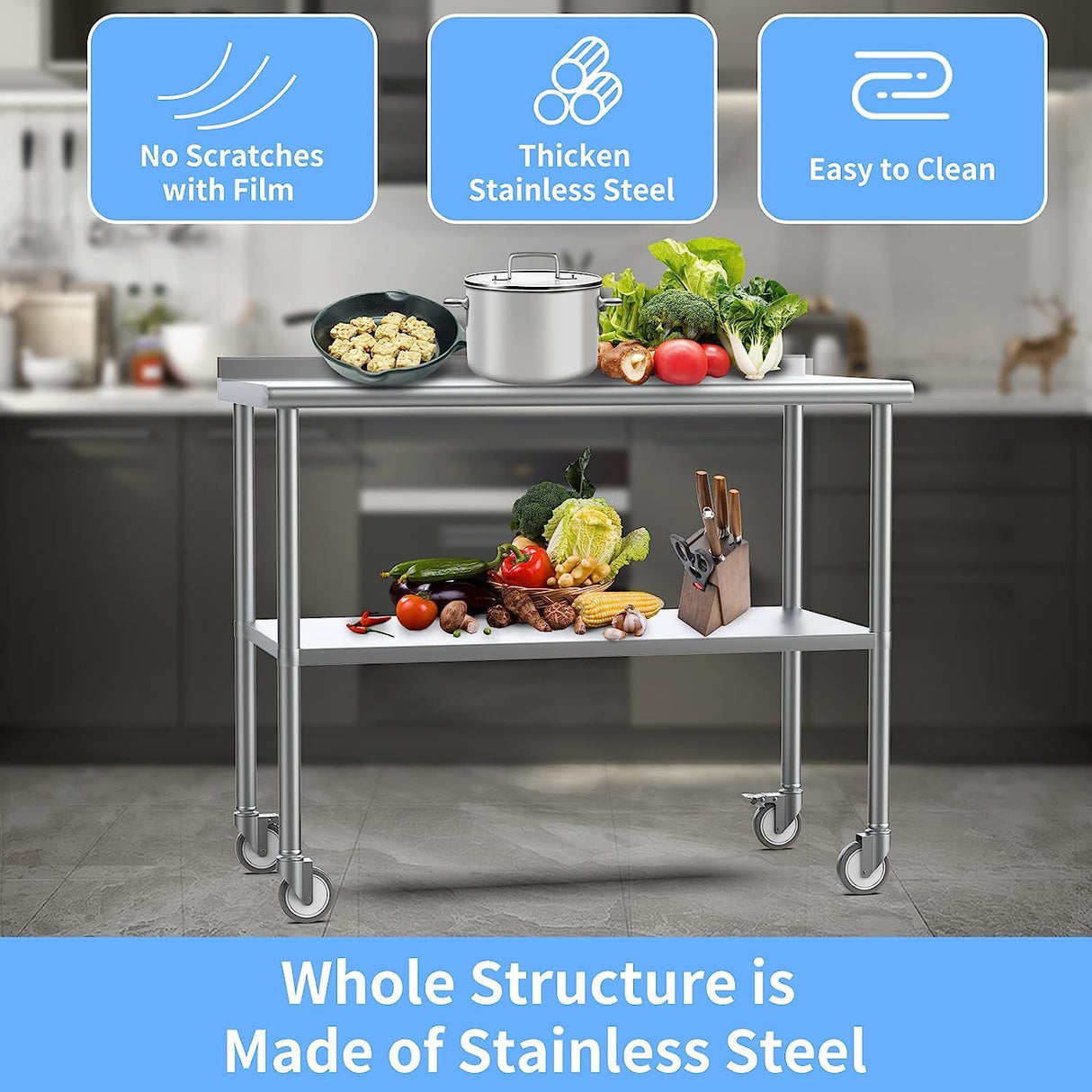 ROVSUN 36' x 24'' Stainless Steel Table for Prep & Work,Commercial Worktables & Workstations,Heavy Duty Metal Table with Wheels & Backsplash for Kitchen, Restaurant,Home ROVSUN