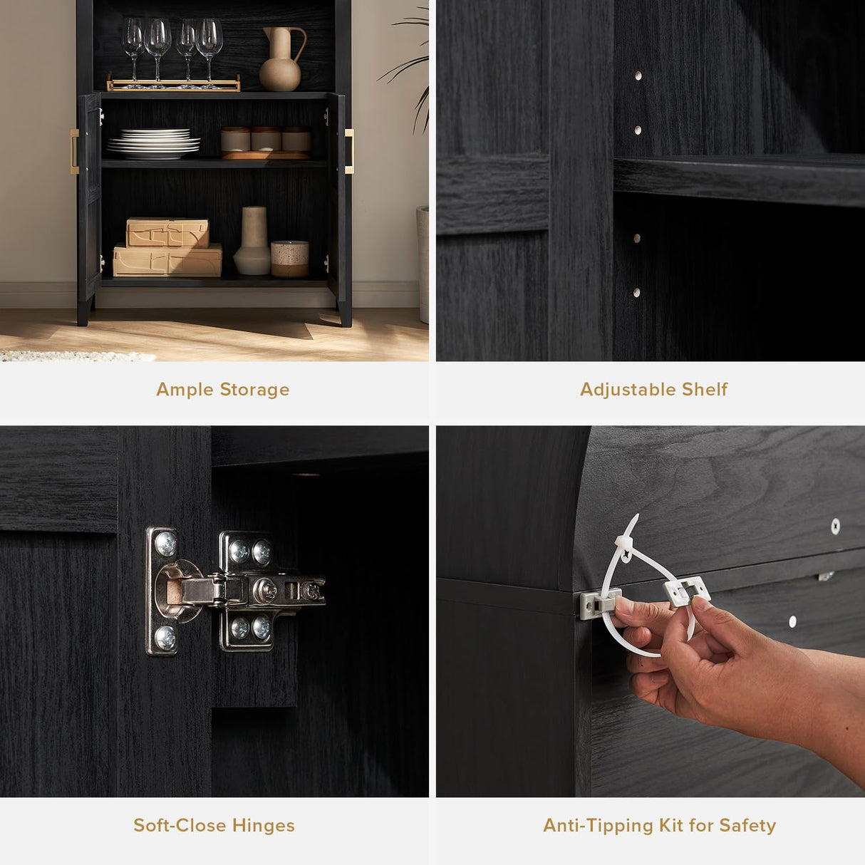 mopio Lauren 65.4" Short Arched Cabinet, 5-Tier Arched Bookcase with Doors and Shelves, Mini Arched Bookshelf with Storage, Kitchen Pantry Cabinet, Wooden Storage Cabinet for Living Room (Black) mopio