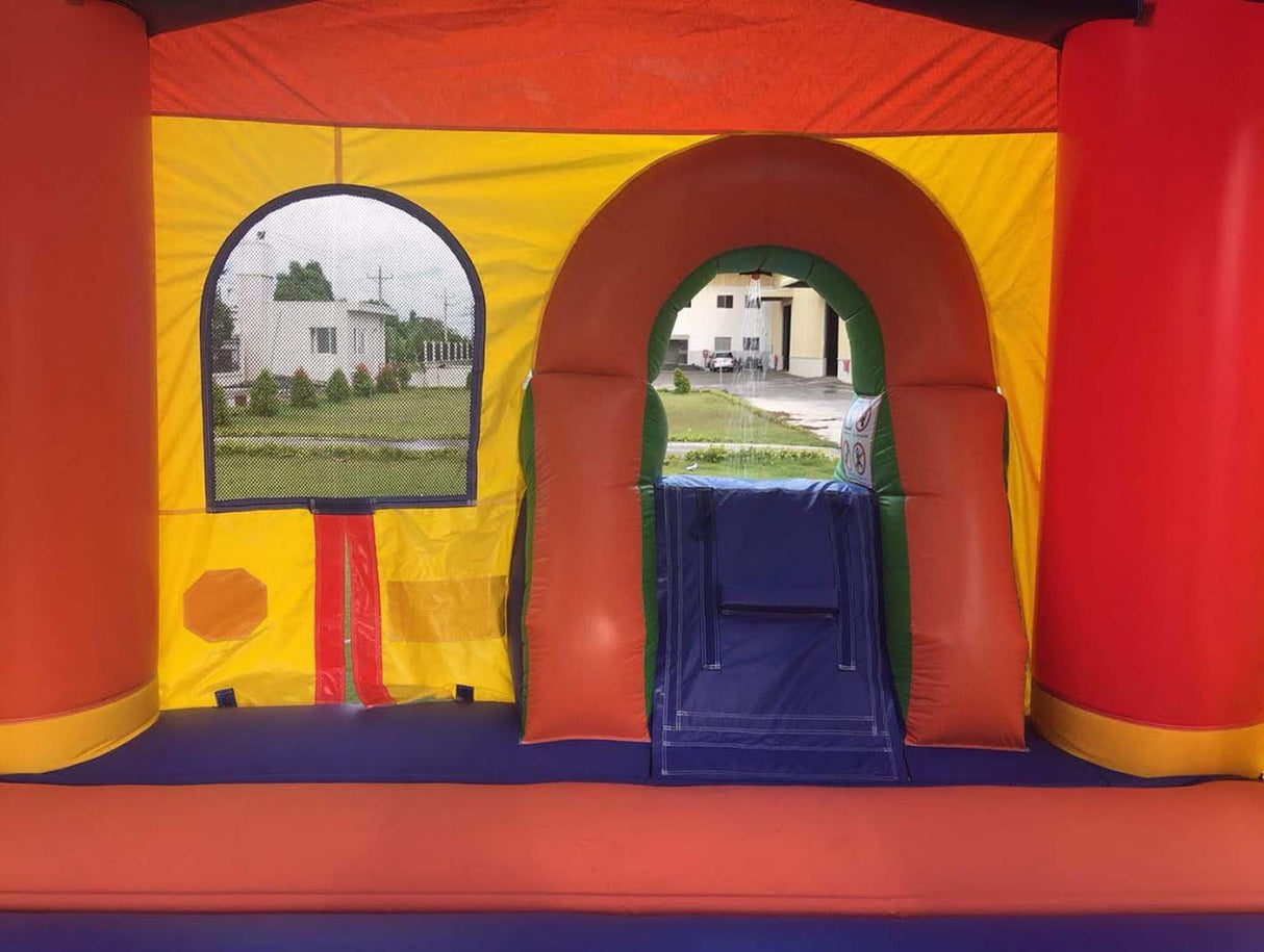 Inflatable Bounce House with Slide for Kids (Without Blower) - 18 x 12 x 14.5 Foot Rainbow Smiley Face Backyard Inflatable Bouncy House - Built-in Bladder Water Misting System Pogo Bounce House