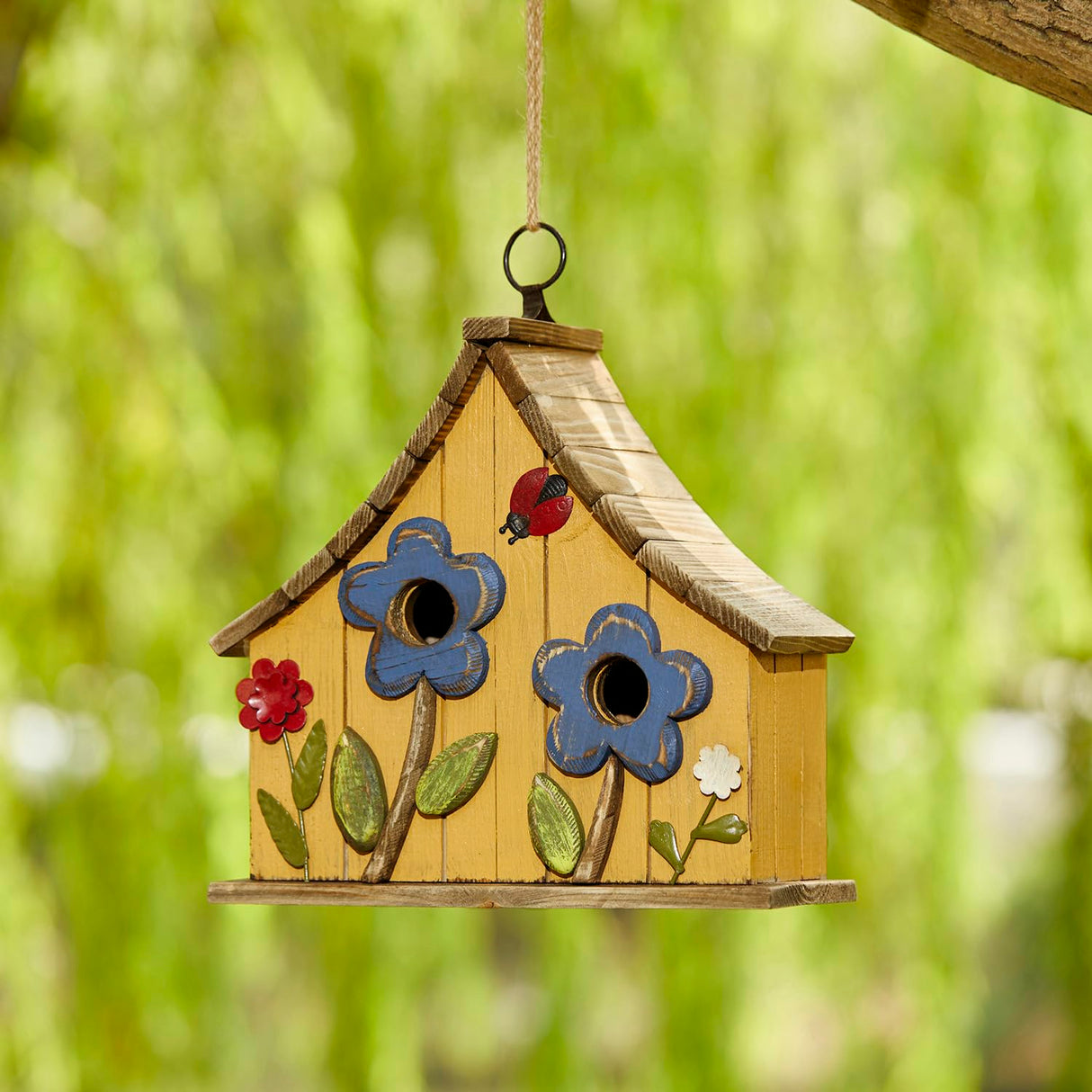 Glitzhome 10.75" L Distressed Solid Wood Hanging Birdhouse with 3D Flowers Rustic Two-Story Townhouse Hand-Painted Garden Bird Houses for Outdoors,Washed Yellow Glitzhome