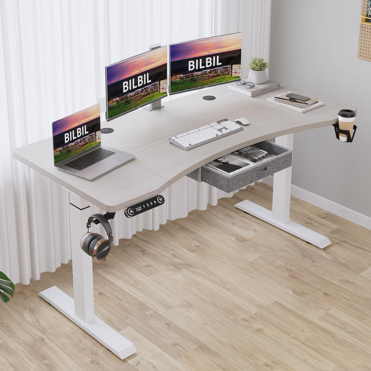 bilbil 63x30 Inches Dual Motor Electric Standing Desk with Drawer, Height Adjustable Sit Stand Up Desk with 4 Splice Boards, Home Office Desk Computer Workstation with Pale Pearwood Top/White Frame bilbil