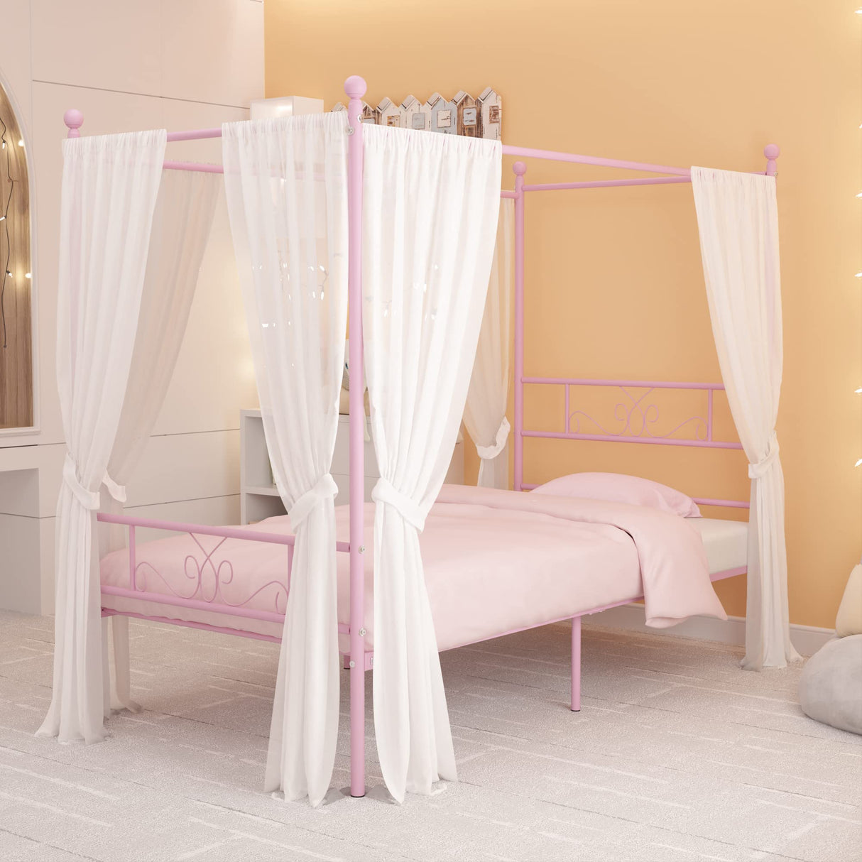 Weehom Twin Canopy Bed Frame with Headboard and Footboard, 4 Posters Metal Bed Frame, No Box Spring Needed, Mattress Foundation Platform Bed for Kids and Adults, Pink Weehom