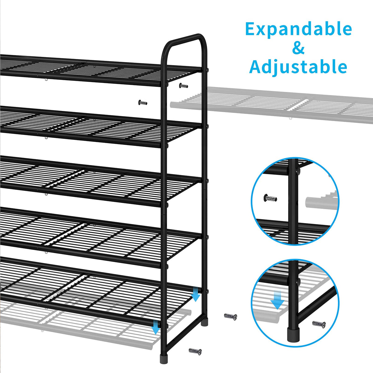 Simple Trending 5-Tier Stackable Shoe Rack, Expandable & Adjustable Shoe Organizer Storage Shelf, Wire Grid, Black Simple Trending