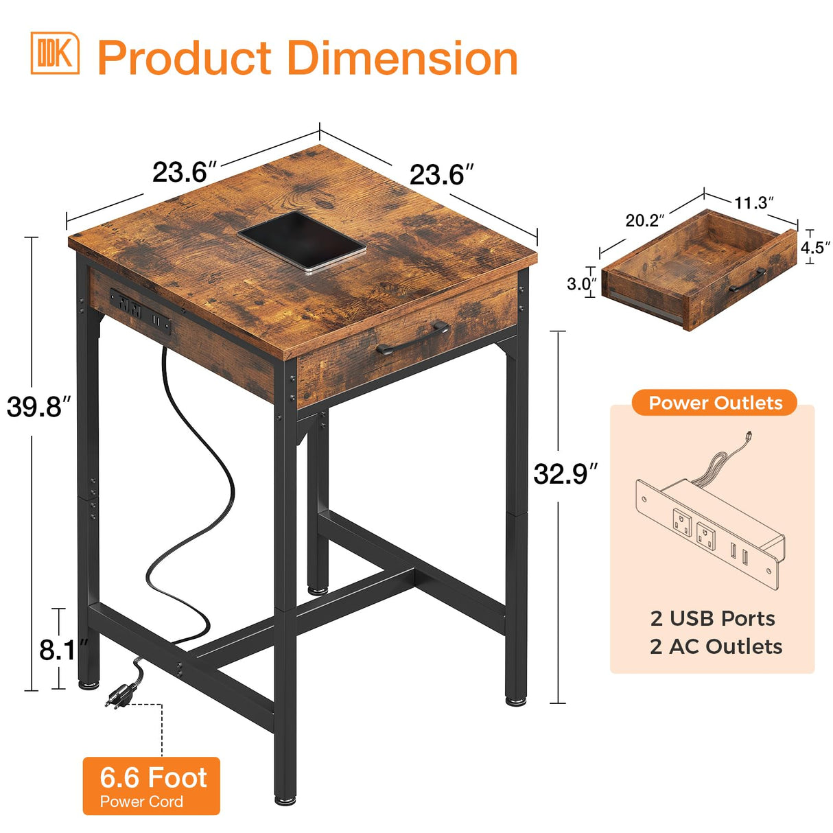 ODK 24 inch Bar Table with Power Outlets, Bar Height Pub Table, Counter Height Bar Table, High Top Kitchen & Dining Counter Tables with Sturdy Legs & Easy-to-Clean Top, Indoor use, Vintage ODK